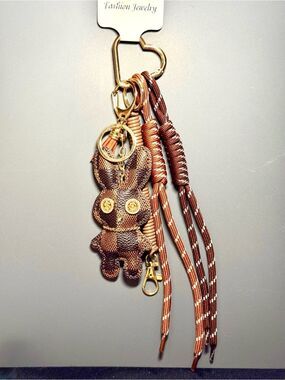 Brown Checkered Bunny Keychain Bag Charm Gold Dollar Sign Accents NWT